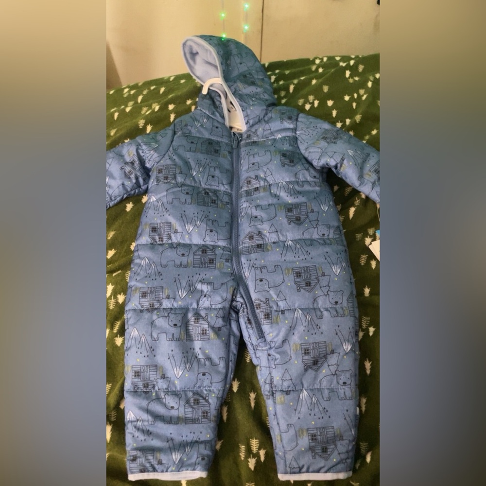 Blue Baby Snowsuit with Bear and Tent Print